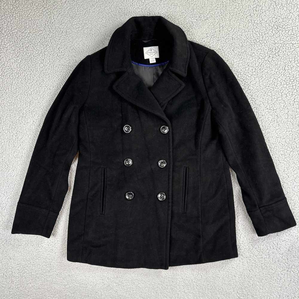 St. John's Bay Double Breasted Pea Coat Women Large Black Wool Blend Jacket